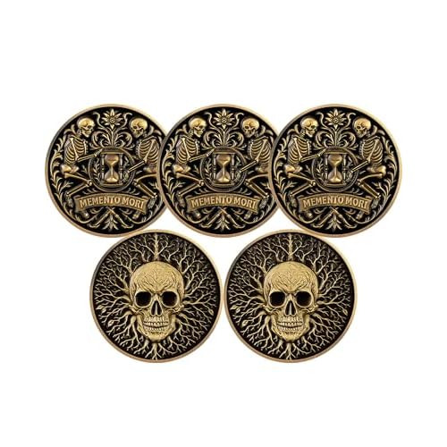 5pcs Memento Mori Coin Dual Skeletons Guarding Hourglass-Symbol of Mortality and Time -Stoic Reminder Token-EDC Daily Inspirational Stoicism Gifts for Women Men