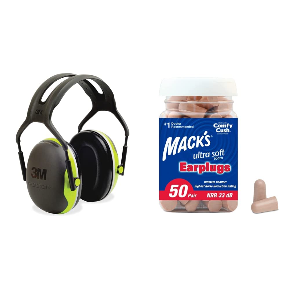 3M Peltor X4A Over-the-Head Ear Muffs, Noise Protection, NRR 27 dB &amp; Mack's Ultra Soft Foam Earplugs, 50 Pair - 33dB Highest NRR, Comfortable Ear Plugs