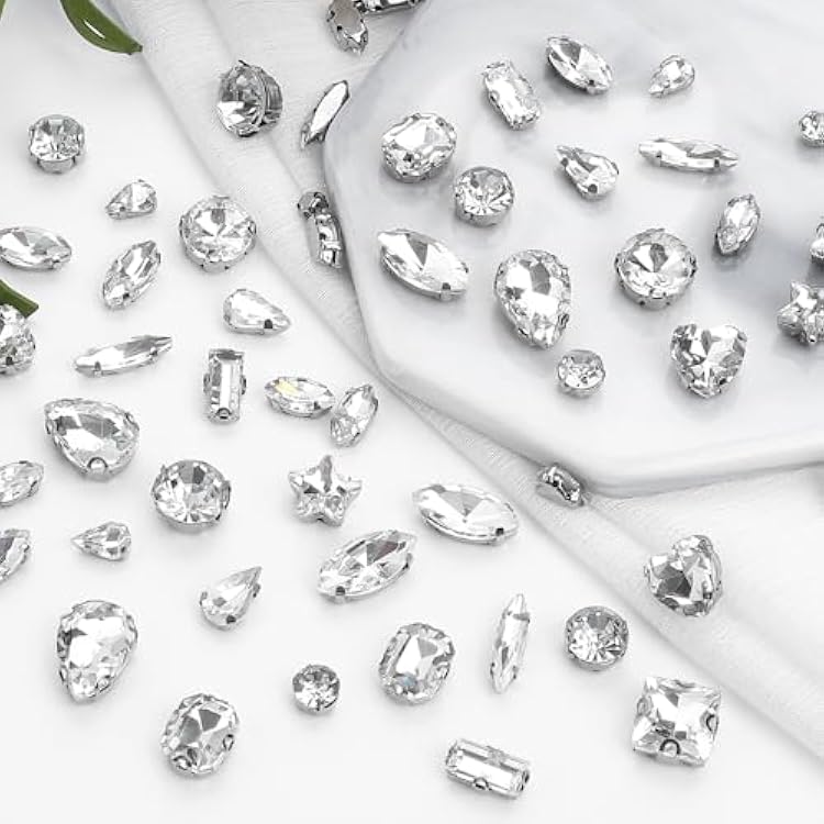 Sew on Rhinestones 205 PCS Glass Mixed Shapes Sew on Crystal Gems Flatback with Silver Claw for Jewelry Crafts Clothes Shoes Costume Sliver Rhinestones