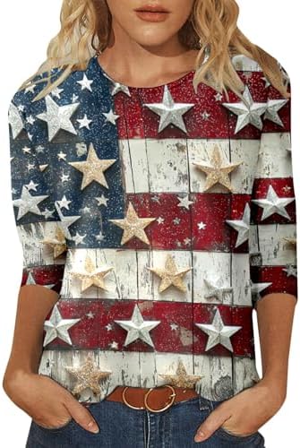 Womens Fashion Casual Independence Day Printed Cropped Sleeve T Shirt Long Sleeved T Shirts Women