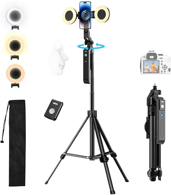 yAyusi 360° Rotation Car Face Tracking Tripod with Light 180 cm Selfie Stick Phone Tripod Stand with Remote Control Phone Camera Holder with Motion Sensor for Vlog/Live Stream/Video Recording
