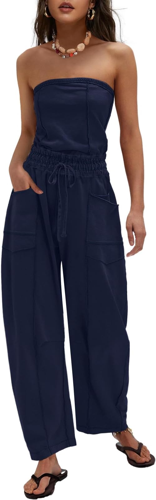 LAMISSCHE Womens Casual Strapless Jumpsuits off the Shoulder Summer Rompers Sleeveless One Piece Outfits with Pockets
