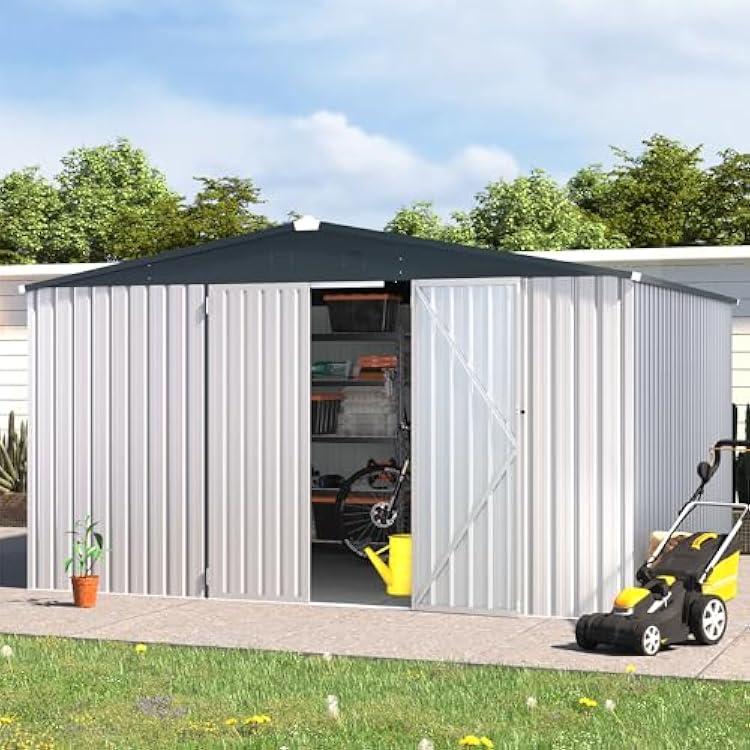 U-MAX 12x10 Storage Shed, Large Metal Outside Garden Sheds & Outdoor Storage Clearance, 10x12 Tool Shed Outdoor Storage Lockable for Backyard, Patio and Outside Use in White