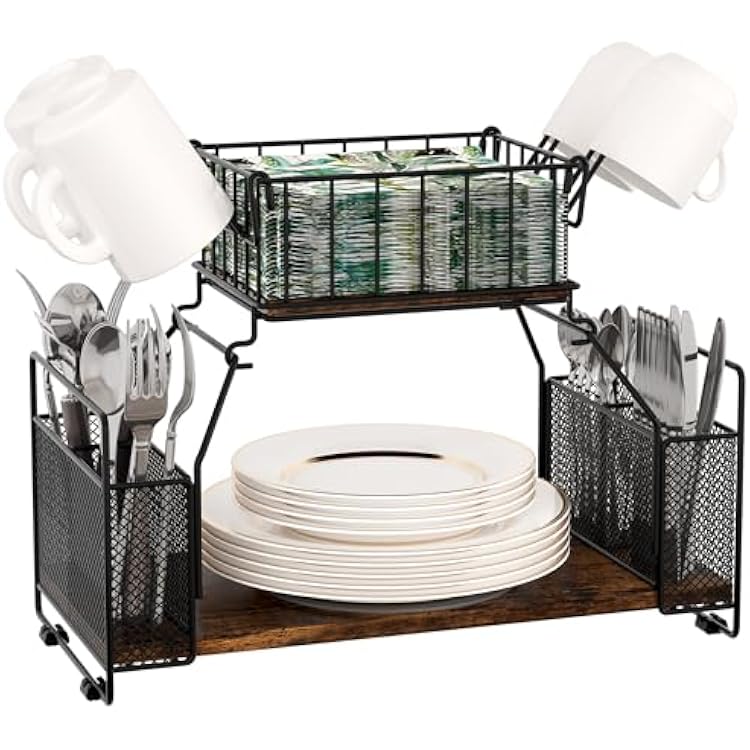 TQVAI Buffet Caddy, 2 Tier Countertop Paper Plate Organizer with Silverware Holder Mugs Hook Napkin Basket, Serving for Catering Supplies Buffet Display Hosting Thanksgiving Essentials, BlackAntique