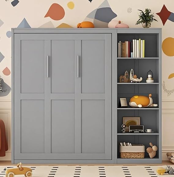 Queen Size Murphy Bed Wall Bed with Storage Shelves, Foldable Platform Bed Frame, Space-Saving Design for Guest Room, Home, Office, Small Room (Gray-@23)