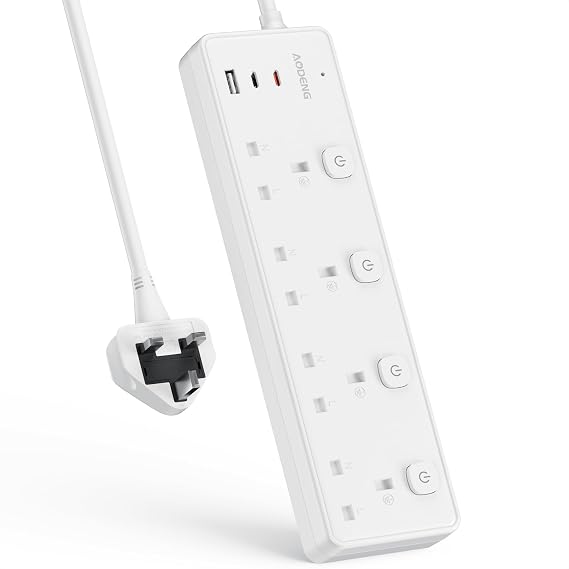 Extension Lead with 3 USB Slots(PD30W),4 Way Sockets Outlets Ports Extension Cable with 4 Individual Switches,Wall Mountable Extension Socket for Home,Office,School,2M,White