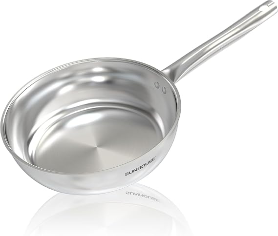 Sunhouse 11 Inch Tri-Ply Stainless Steel Frying Pan, Nonstick Cooking Pans | 11" No Coatings Non-stick Fry Pan 3-Ply Steel Skillet with Stay Cool Handle, Oven Safe, Induction Compatible