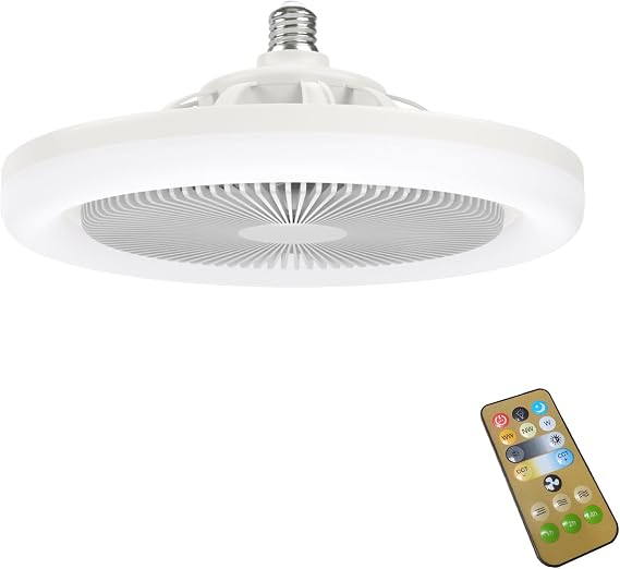 Socket Fan Light with Remote Control, 10 Inch Socket Ceiling Fan Dimmable 3 Light Color, 3 Speed Light Bulb Fan Mini Ceiling Fans for Kitchen Bathroom Store Room Garage Silver