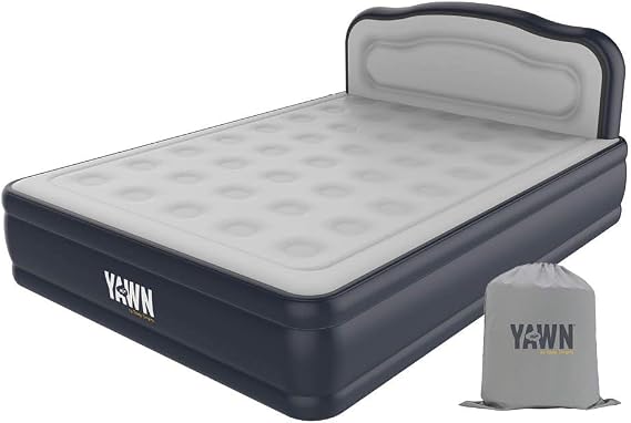 YAWN AIR Self-Inflating Airbed King Size - Great Guest Bed, Camping Mattress - Built-in Pump & Headboard - Grey Fabric Material - Available in UK Single, Double and King