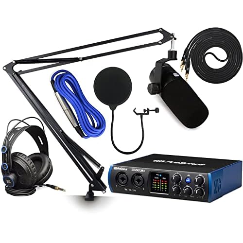 PreSonus Studio 24c 2x2 USB Type-C AudioMIDI Interface with PD-70 Dynamic Cardioid Broadcast Microphone & Arm Accessory Pack
