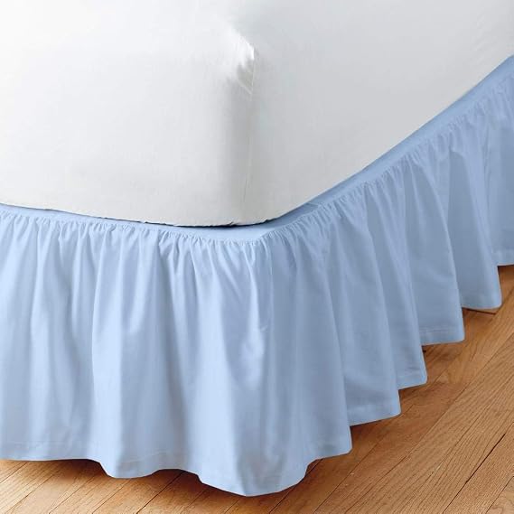 Light Blue Solid Ruffled Bed Skirt Queen-12 Inch Drop Split Corner, Microfiber Bedskirt with Platform Three Sided Coverage