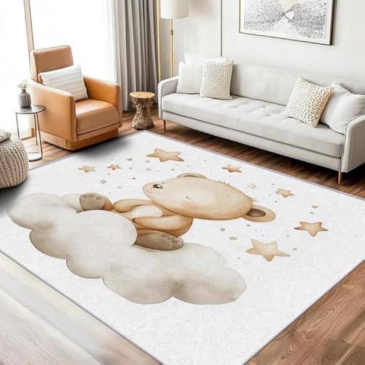 Dear Kids Rug, Washable 6x9 Area Rugs for Bedroom, Cloud Star Animal Patterned Carpet for Living Room Dining Room Office, Dear Kids Decor, Non Slip, Thin, Ultra Soft G104