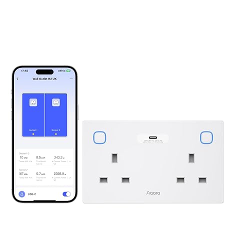 Aqara Wall Outlet H2 UK Matter over Thread, Double Socket, 20W USB-C, Energy Monitoring & Automations, Voice & App Control, Supports HomeKit, Alexa, Google Home, Zigbee, Required Aqara Hub