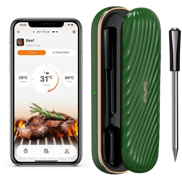 Wireless Meat Thermometer Probe, 150m Bluetooth Range, Smart App Recipes, IP67 Waterproof Food Thermometer with Rechargeable Box for Outdoor Grill Smoker BBQ Rotisserie
