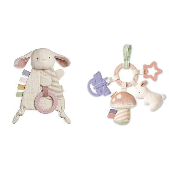 Itzy Ritzy - Bitzy Crinkle Sensory Toy Bunny with Crinkle Sound for Babies & Toddlers - Features Sof & Teething Activity Toy - Bitzy Busy Ring Features Braided Teething Ring and Dangling Toys