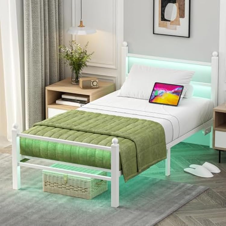 Twin Size Bed Frames with Charging Ports&LED Lights,Heavy Duty Metal Slats Support,No Box Spring Needed,Noise Free,No Squeak,Easy Assembly,for Girls Kids,White