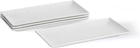 Rectangular Embossed Serving Platter Set, 12 Inch Large Serving Plates, Stackable Serving Tray for Wedding, Ceramic White Serving Platters for Entertaining, Dishwasher & Oven Safe (4PCS)