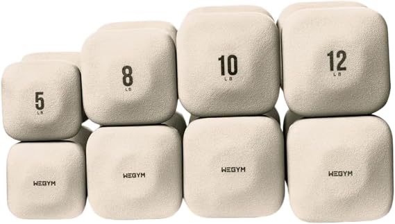 WeGym SafeGrip Square Dumbbells with Anti-Slip Handles, Safe Weight Lifting Equipment for Home Gym, Aesthetic Dumbbell Sets (Essential Set 5+8+10+12LB Pair - Sandstone Set)