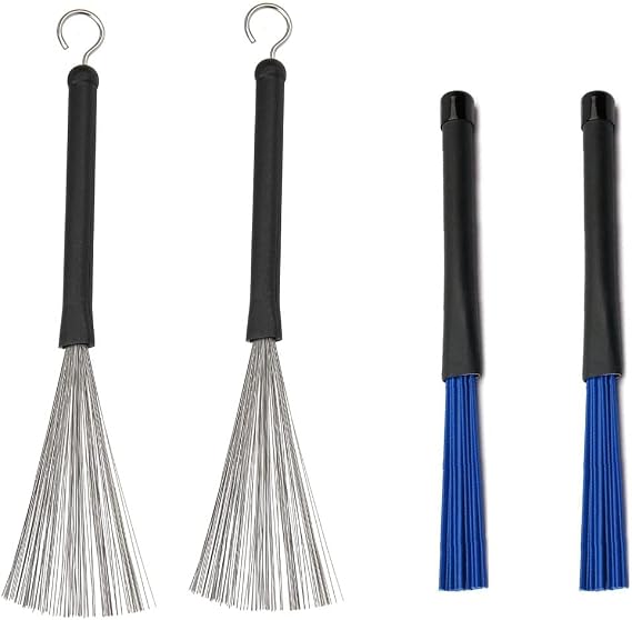 Jiayouy Retractable Drum Brushes Set 1 Pair Drum Wire Brushes and 1 Pair Nylon Brushes set for Cajon Jazz Acoustic Drummer Playing Music Lover