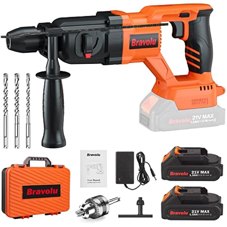Cordless Rotary Hammer Drill, Bravolu Brushless 21V 1 Inch SDS Plus Hammer Drill with 2 x 1.5Ah Battery and 12 Drill Chuck, 2 Modes and Variable-Speed, 360 Adjustable Handle