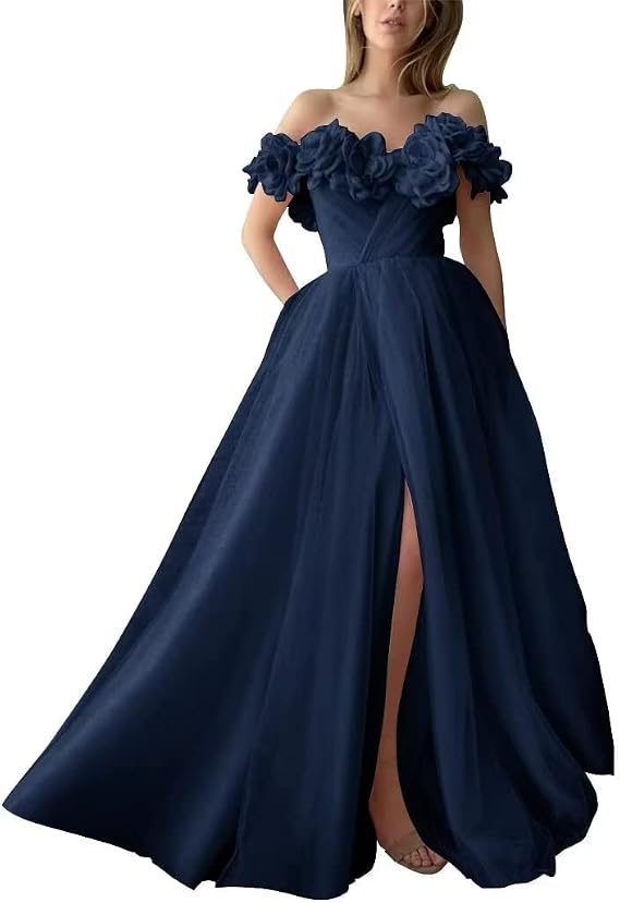 Off Shoulder Prom Dresses Tulle Appliques 3D Flowers Long Ball Gown Split Formal Evening Cocktail Party Gowns