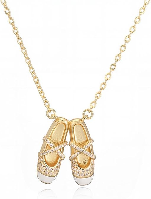 NewZenro Cute CZ Ballet Shoes Choker Necklace for Women 14k Gold Plated Dainty Crystal Cubic Zirconia Enamel Ballerina Ballet Slipper Pendant Adjustable Chain Necklace Fashion Jewelry for Dance Lover