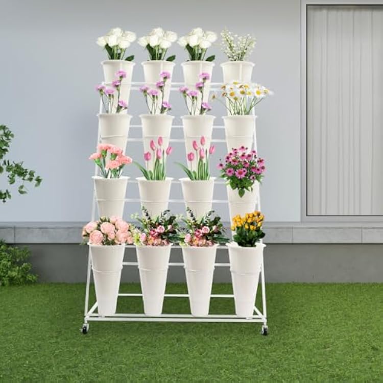 4 Tier Florist Shelf Plant Cart, Flower Display Stand with 16 Bucket,Floral Stand with Foldable Frame for Silk Fresh Flowers, for flower shop Garden Living Room,White ShelfWhite Bucket