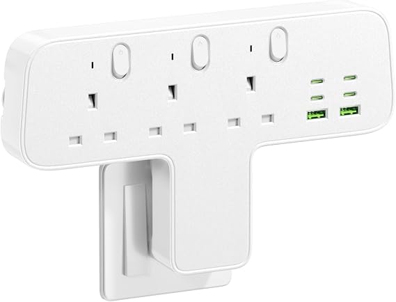 Plug Extension Socket, 9-IN-1 Multi Plug Adaptor 3 Way 6 USB(3.8A,4 Type-C), 13A 3250W Plug Adapter UK, Wall Plug Extender with Individual Switches for Home Office Kitchen(White)