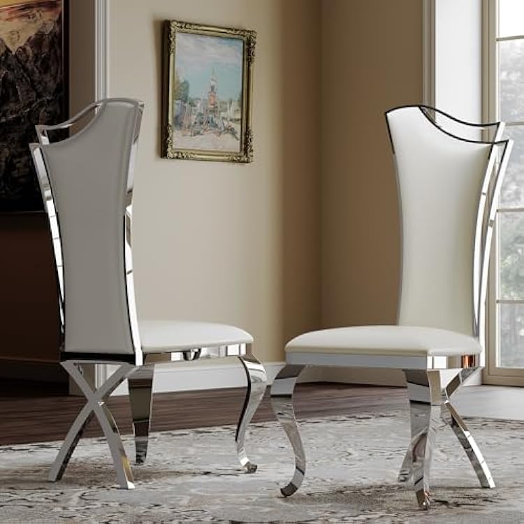ACEDECOR Dining Chairs, White Leather Dining Chairs Set of 2, Stylish Silver Mirror Streamlined High Back with Cabriole and X-Shaped Legs