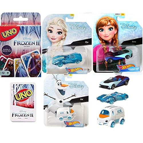 Hot Wheels Snow Ice Car Frozen II Disney Character Van Olaf Snowman Bundled with Elsa Anna Princess Speeder Race car  Card Matching Uno Game 4 Items
