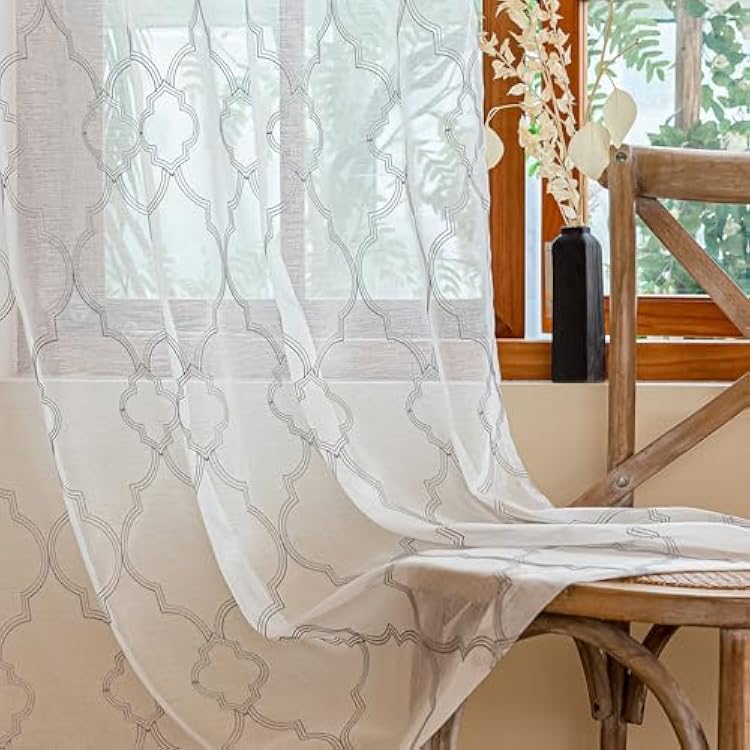 AmHoo 2 Panels Moroccan Geo Embroidered Farmhouse Semi Sheer Curtains Faux Linen Voile for Living Room Bedroom Window Treatment White Light Gray 53 x 63 Inch