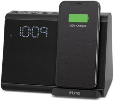 iHome Wireless Fast Qi Dual Charging Bluetooth Dual Alarm Clock Speakerphone, USB Charging Port Universal 100-240V Voltage, Black iBTW390 for iPhone 8  iPhone X, Samsung Galaxy S6 or Newer Phones
