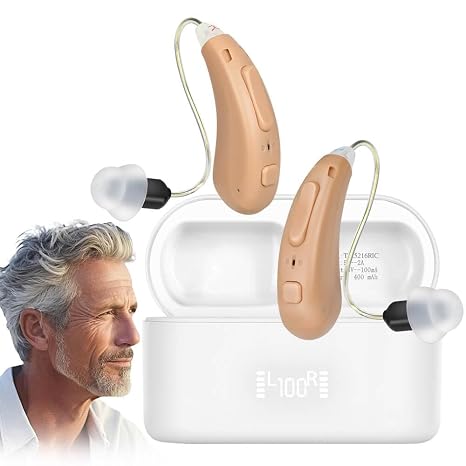 Hearing Aids for Seniors, Rechargeable OTC Hearing Aid Noise Cancelling 16 Channels Nearly Invisible Receiver-in-Canal, Voice Broadcast Function Clear Sound Quality 3 Modes, 6 Levels of Volume Adjustment