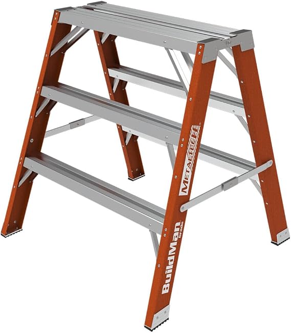 Metaltech E-WSFB36T1A Buildman Grade 3-ft. Fiberglass Step-up Workbench, Work Stand Saw Horse, Step Ladder for Home Improvement and Construction Scaffolding with Slip-Resistant Surface and Rubber Feet