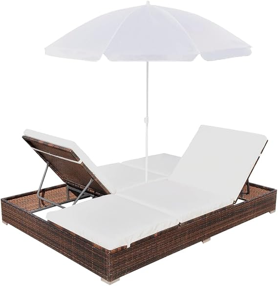 CUSON Double Sun Lounger with Cushion and Umbrella | 2-Person Patio Chaise Lounges | Adjustable Outdoor Sunbed | Garden Sunlounger Daybed | Sun Lounge Bed for Pool Beach Bakcyard | Brown Poly Rattan