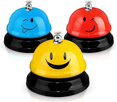 3 Pieces Desk Bell for Service, Smile Face Call Bell, Desk Bell 3 Inch Diameter, Call Bells with Metal Anti-Rust Construction,Front Desk Bell for Hotel, Restaurant, Office, Schools Red, Yellow, Blue