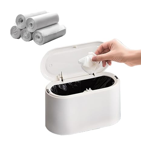 White Mini Trash Can with Lid Bundle with 5 roll / 150 Counts Mini Trash Bags