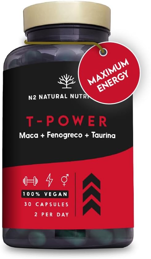 T-Power Natural Supplements for Men. Maca Root, Zinc, Gingseng, Fenugreek, L-Taurine, Black Pepper. Mood Stimulant  Endurance  Energy. Pre Workout. 30 Capsules. Vegan. N2 Natural Nutrition