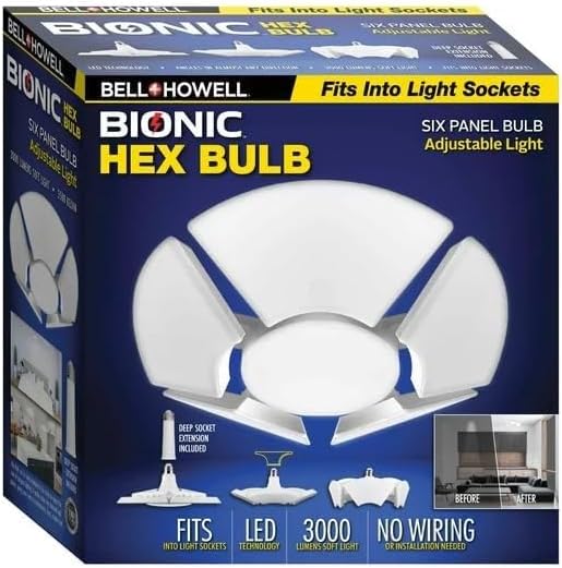 Bell+Howell Hex Bulb E26 LED Garage Light 6 Panel Deformable Shop Light Ceiling Light High-Intensity Lighting with 144 LED Bulbs for Attic, Basements, Office, Garage Lights