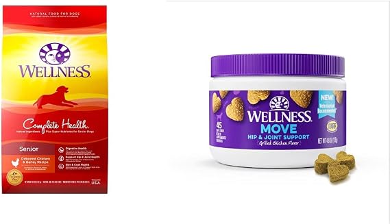 Wellness Complete Health Senior Food + Supplements Bundle: Dry Dog Food with Grains (Chicken & Barley, 30-Pound Bag) Hip & Joint Health Soft Chew Dog Supplements, Grilled Chicken, 45 Count