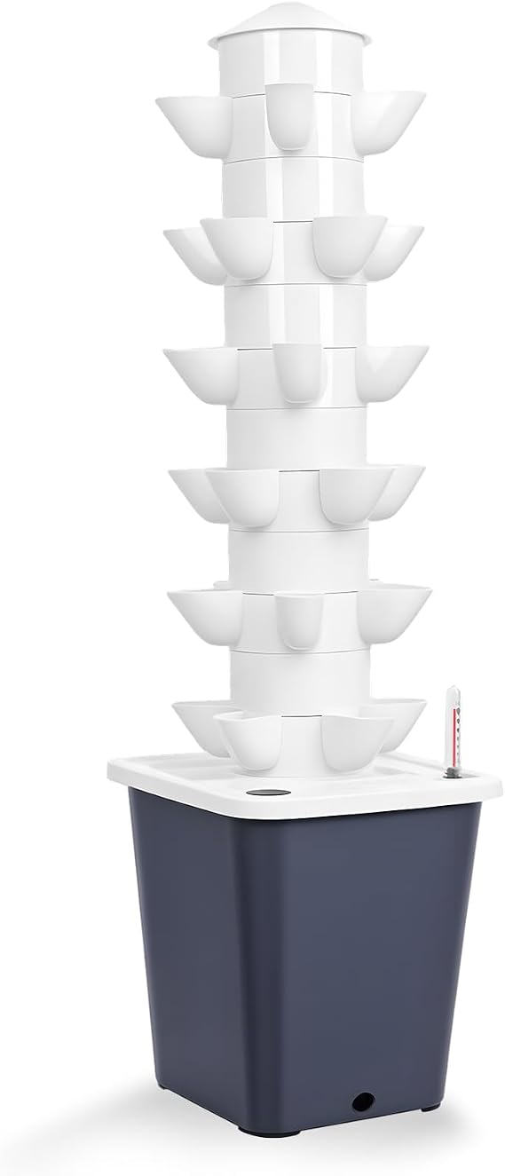 1 Set Vertical Planter Tower with 10L Tank,6 Layers 30 Plants Indoor Hydroponics Growing System, Food Grade Soilless Cultivation Herbs Fruits Vegetables Vertical Planter Tower Kit White Vertical Plan