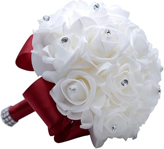 MOJUN Wedding Bouquets Crystal PE Roses Bridal Bridesmaid Wedding Hand Holding Bouquet Artificial Fake Flowers Toss Bouquet, Burgundy