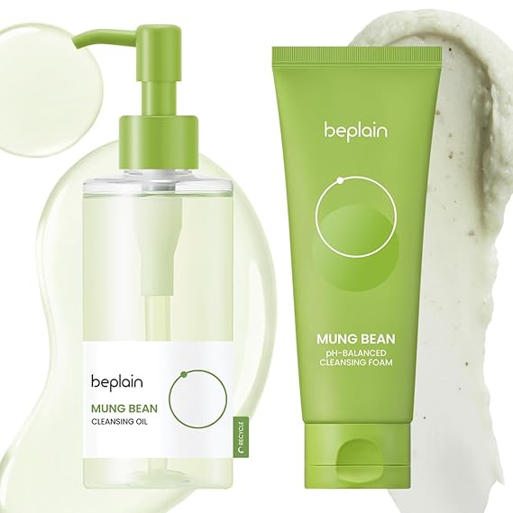 beplain Mung Bean Double Cleansing Duo, Oil 6.76 & Face Wash 5.07 fl oz | Fragrance-Free, Non-Comedogenic Tested, Makeup Blackhead Remover & Deep Pore Cleanser, Double Cleansing Korean Skincare