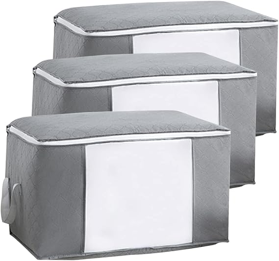 Large Clothes Storage Bags with Zips, 3pcs Duvet Storage Bag Thick Breathable Fabric Storage Bags with Clear Windows for Clothing Quilt Bedding (Grey, 60x35x40 cm)