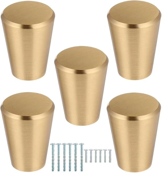 Kitchen Cabinet Knobs, 5 Pack Brushed Gold Cabinet Handles Modern Round Solid, Furniture Door Hardware Pulls for Drawers Cupboard Dresser Wardrobe Closet, 20x23mm