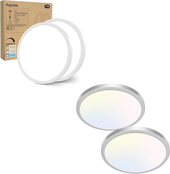 2PACK White+ 2PACK Brushed Nickel, Flush Mount Ceiling Light, 12Inch 28Watt, Dimmable & 3000K-4500K-6000K 3 Color Ceiling Lamp 3200LM Low Profile Ceiling Light for Kitchen Bedroom Hallway Porch