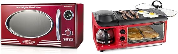Nostalgia Retro Countertop Microwave Oven - Large 800-Watt - 0.9 cu ft - 12 Pre-Programmed Cooking Settings & Retro 3-in-1 Family Size Electric Breakfast Station, Non Stick Die Cast Grill/Griddle