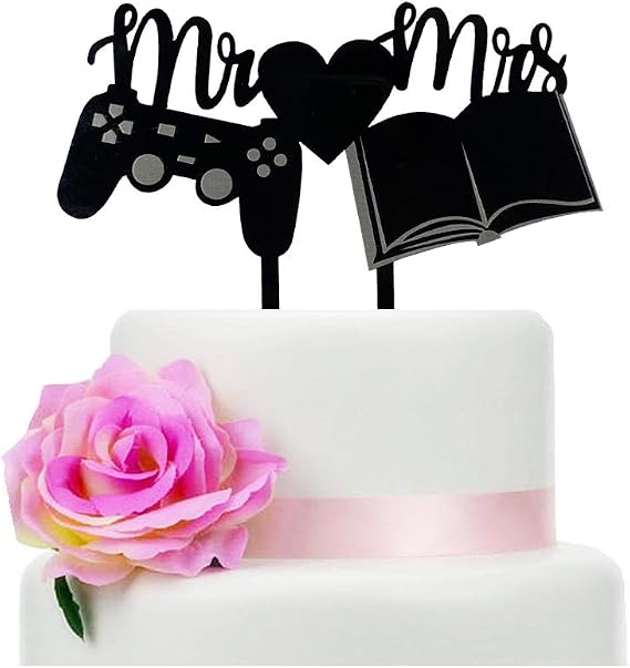 Funny Mr & Mrs Wedding Cake Topper Game Console and Book Couple Themed Cake Decorations for Wedding/Anniversary/Bridal Shower Party Supplies