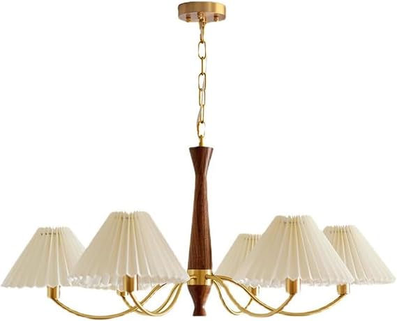 White French Country Wood Chandelier Pleated Fabric Shade Large Rustic Farmhouse Chandelier for Dining Room Mid Century Ceiling Pendant Light for Bedroom Living Room Kitchen Island Foyer(6lights)