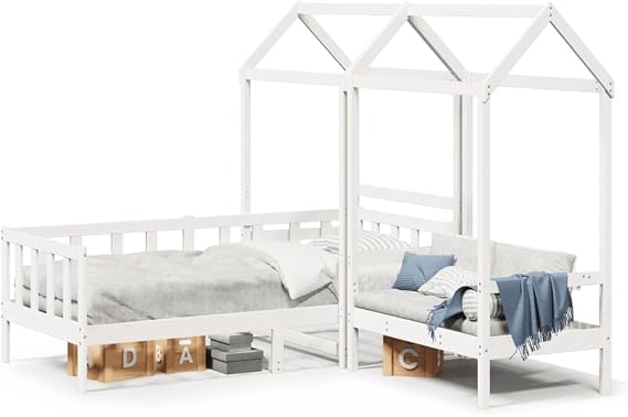 White Solid Pine Wood Day Bed and Bench Set with Roof, 80x200 cm, Versatile Furniture for Bedroom or Living Room, Slatted Base, No Mattress Included